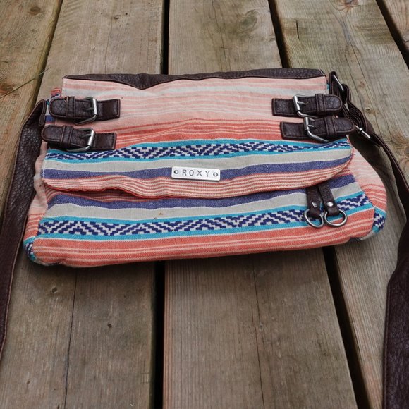 Roxy Boho Pink Peach Patterned Striped Satchel Bag - Picture 2 of 7